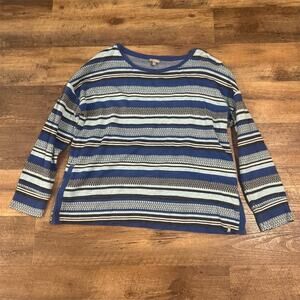 Talbots XL Blue Striped Pullover Thick T-Shirt Top Long Sleeve Buttons FLAWS